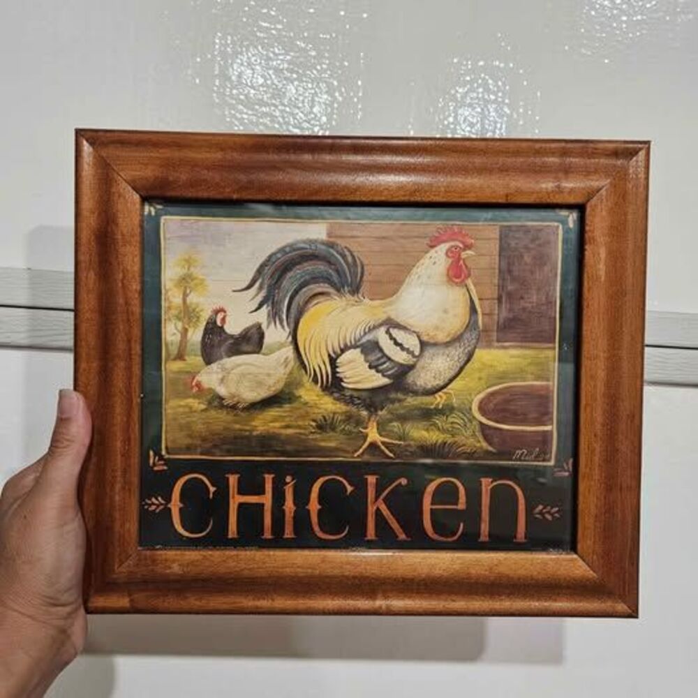 Vintage Oak Framed Chicken Art Print
